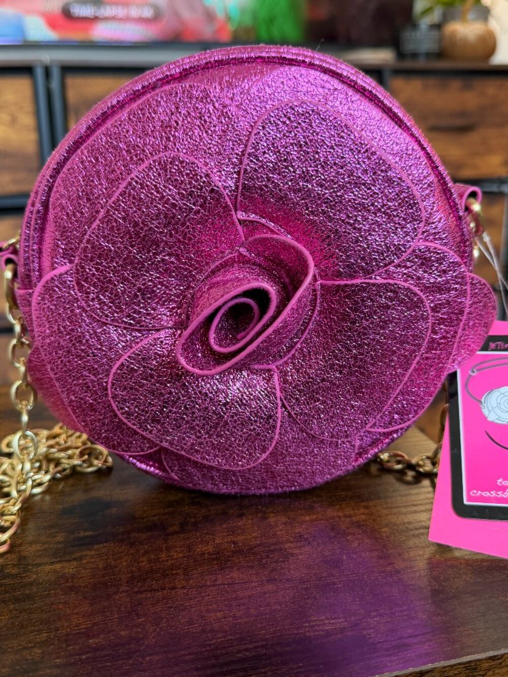 Betsey Johnson Magenta Purple Glitter 3D Rose Round Chain Crossbody Bag